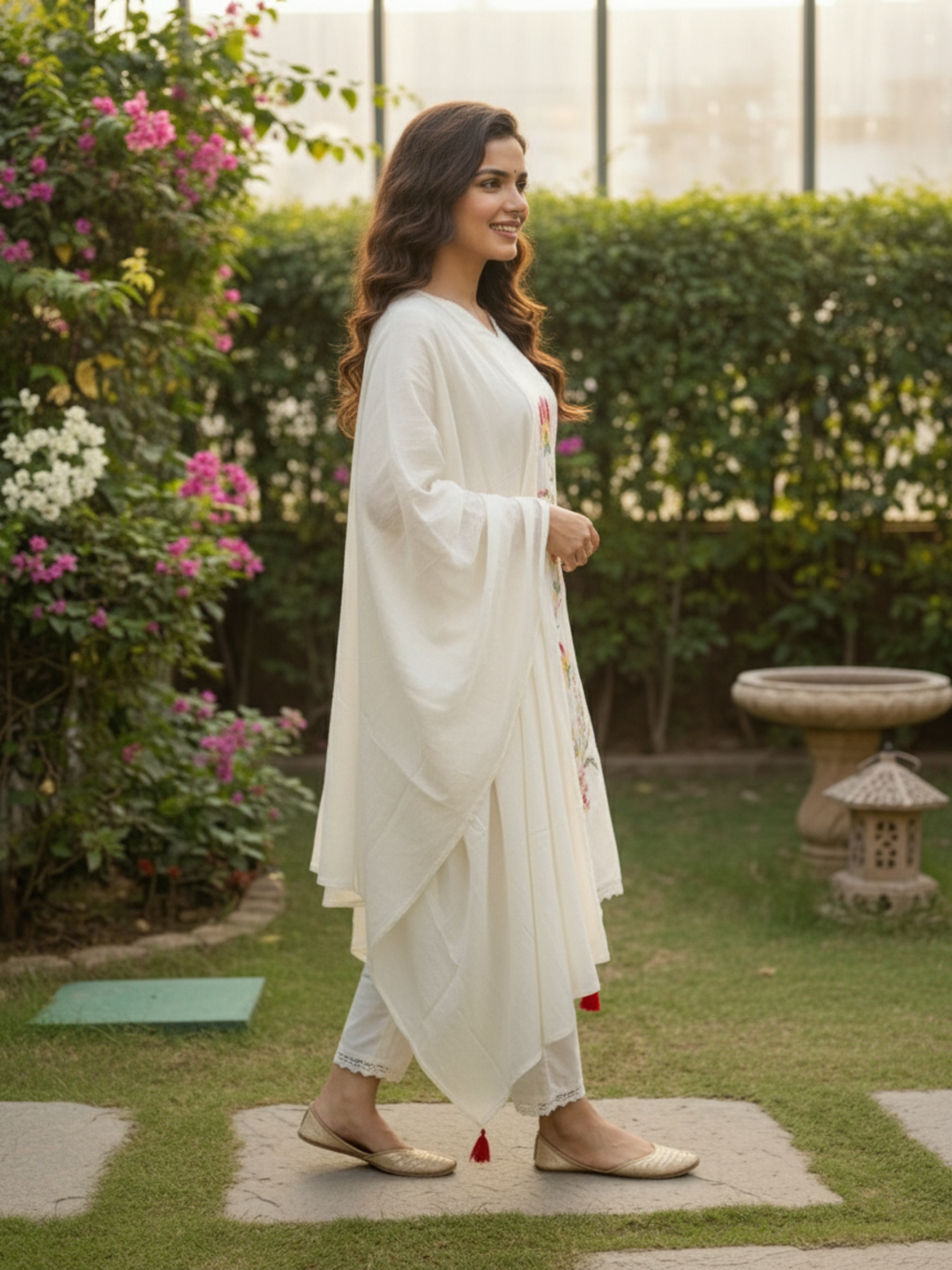 Solid Embroidered Straight Kurta with Pyjamas and Dupatta- Cream