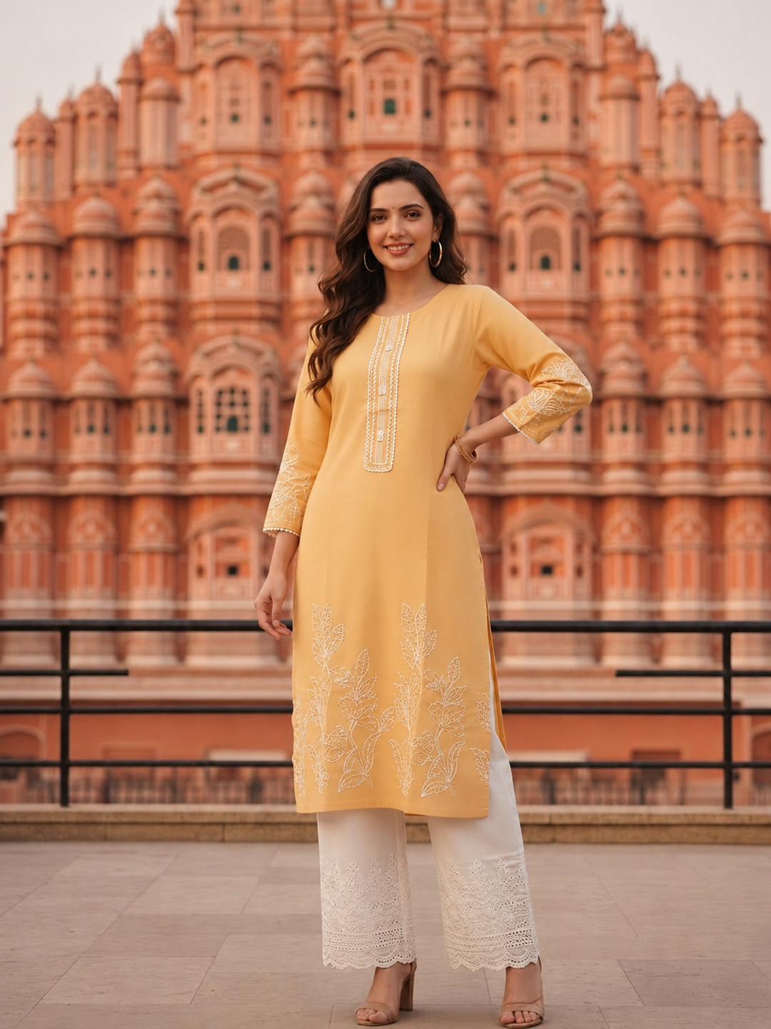 Floral Embroidered Straight Kurta with Pant and Dupatta- Pastel Yellow