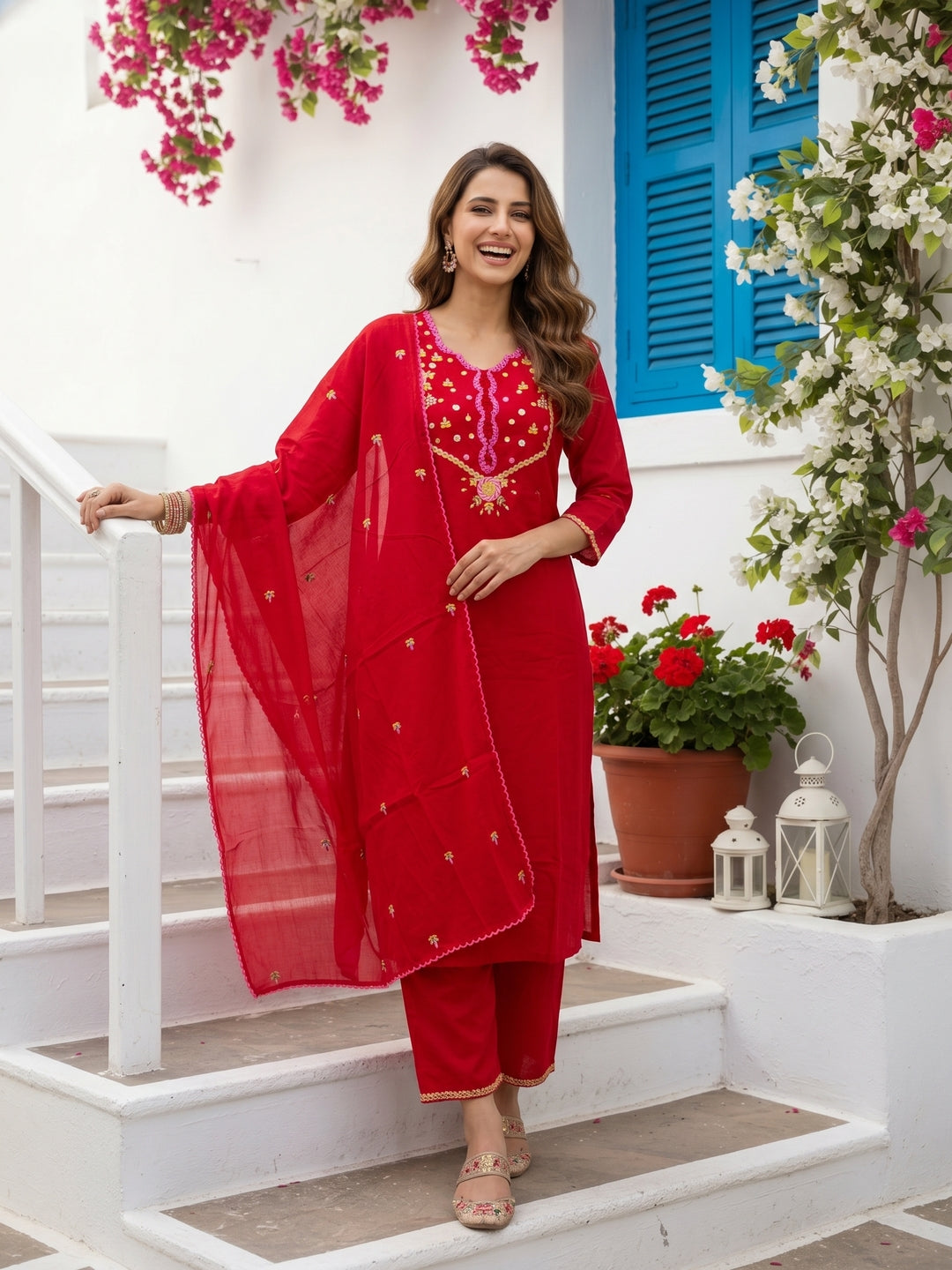 Red Solid Swiss Dot Cotton Mirror Work Embroidered Straight Kurta with Pyjama & Dupatta
