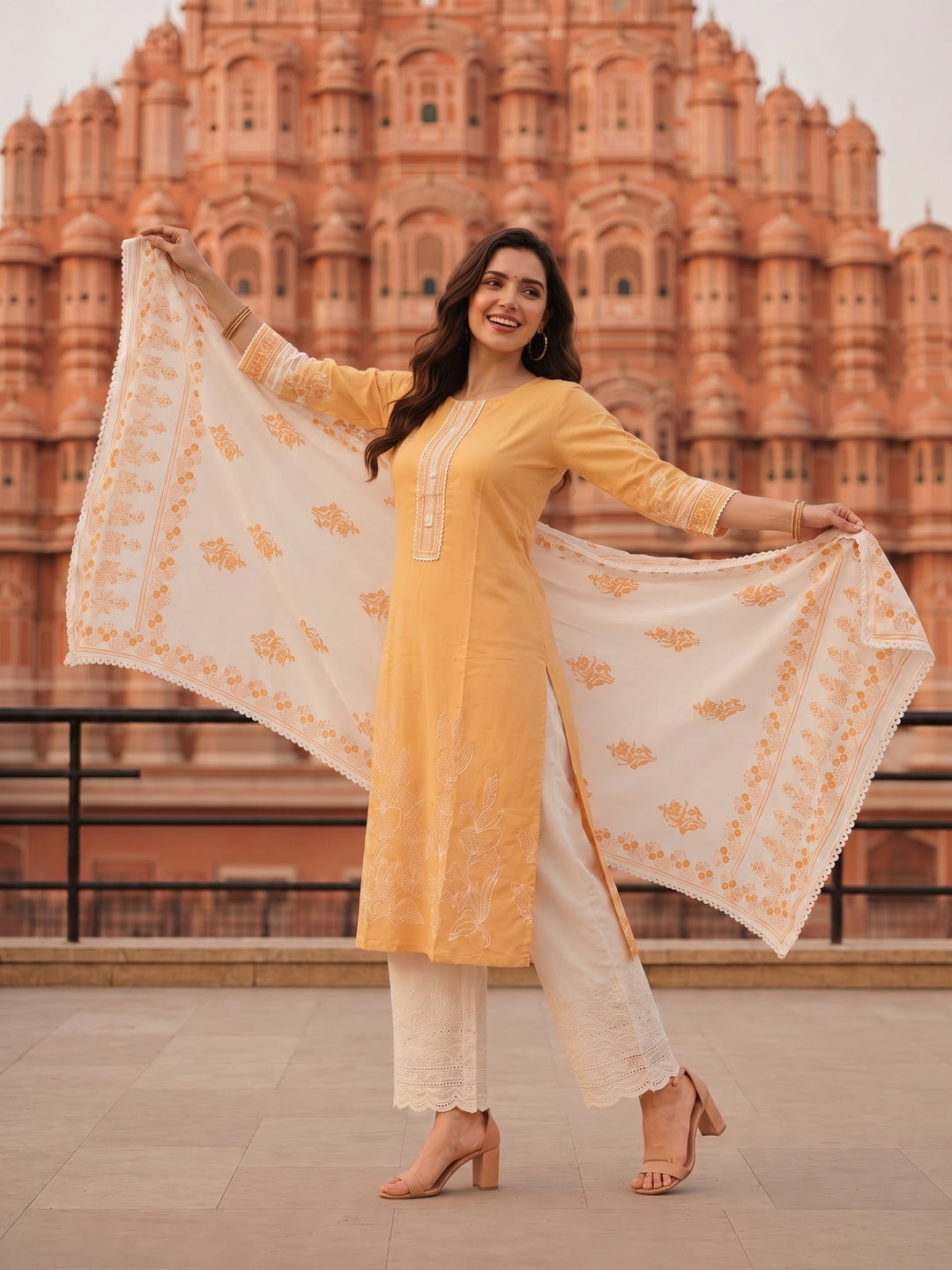 Solid Straight Kurta with Pyjamas and Dupatta- Rust