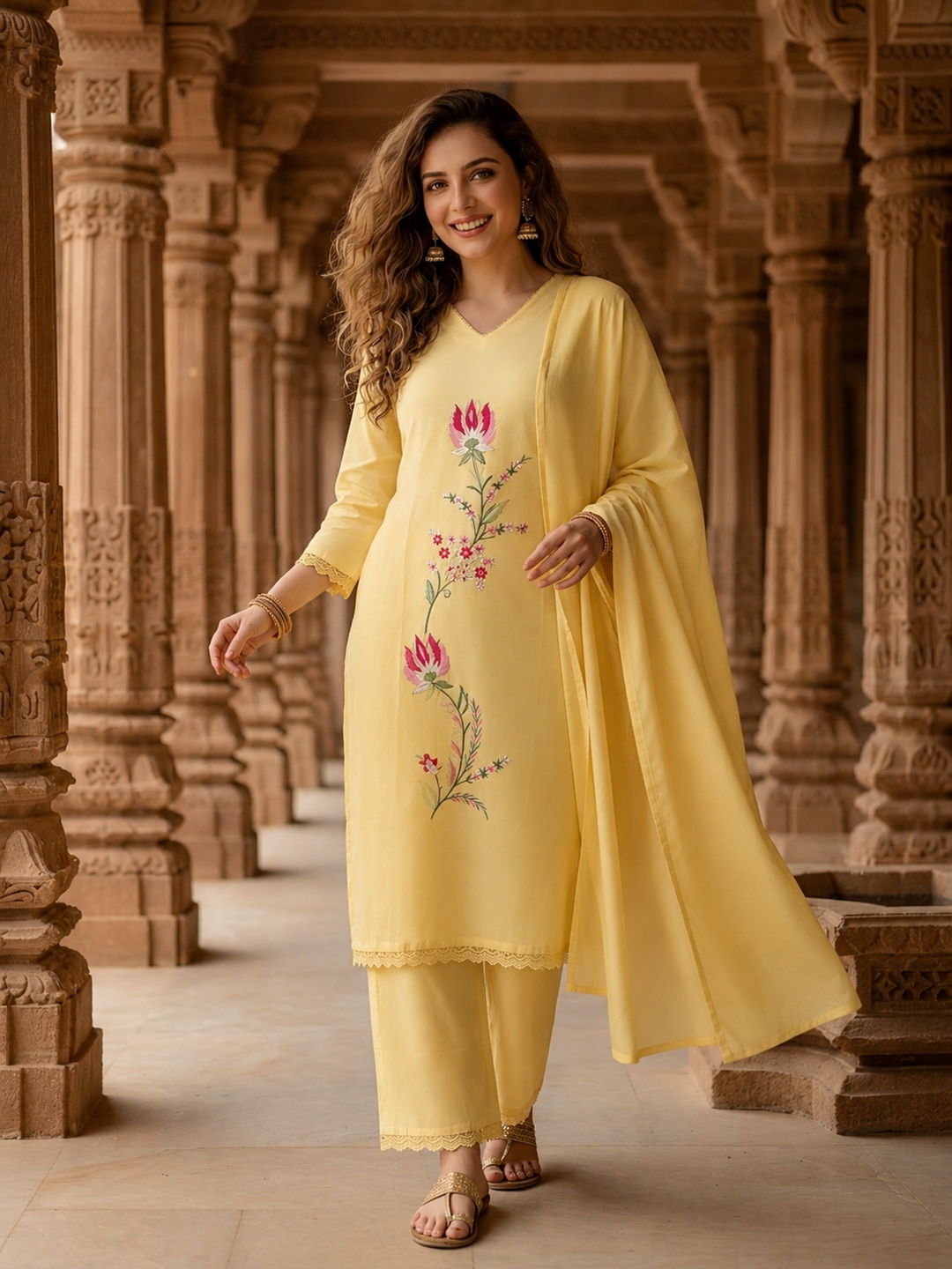 Solid Embroidered Straight Kurta with Pyjamas and Dupatta- Yellow