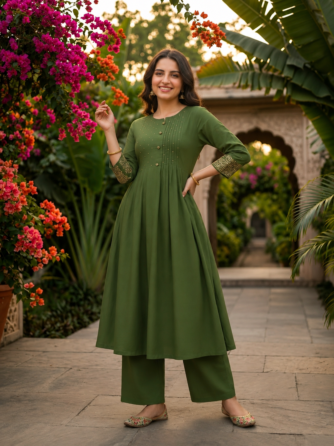 Olive Green Embellished Kurta Set with Pant & Dupatta