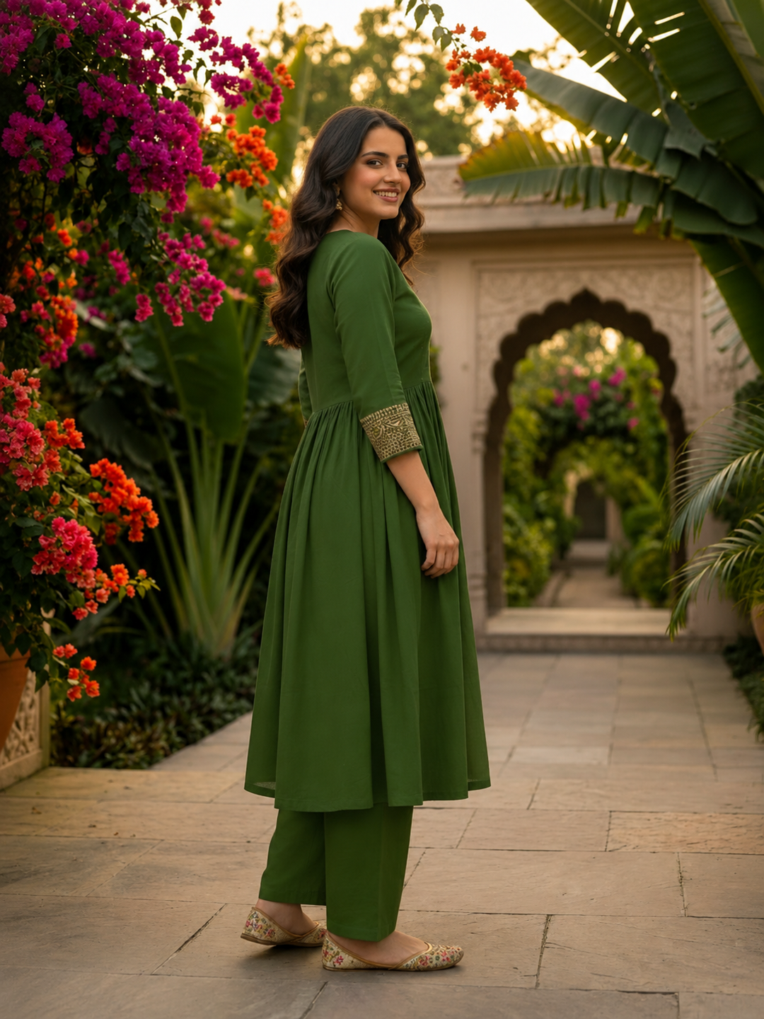 Olive Green Embellished Kurta Set with Pant & Dupatta