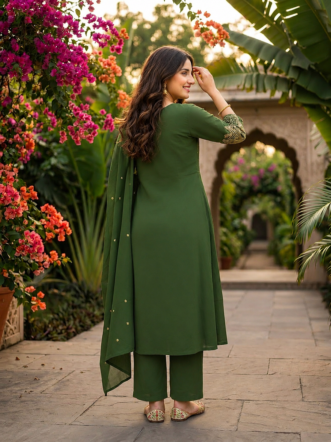 Olive Green Embellished Kurta Set with Pant & Dupatta
