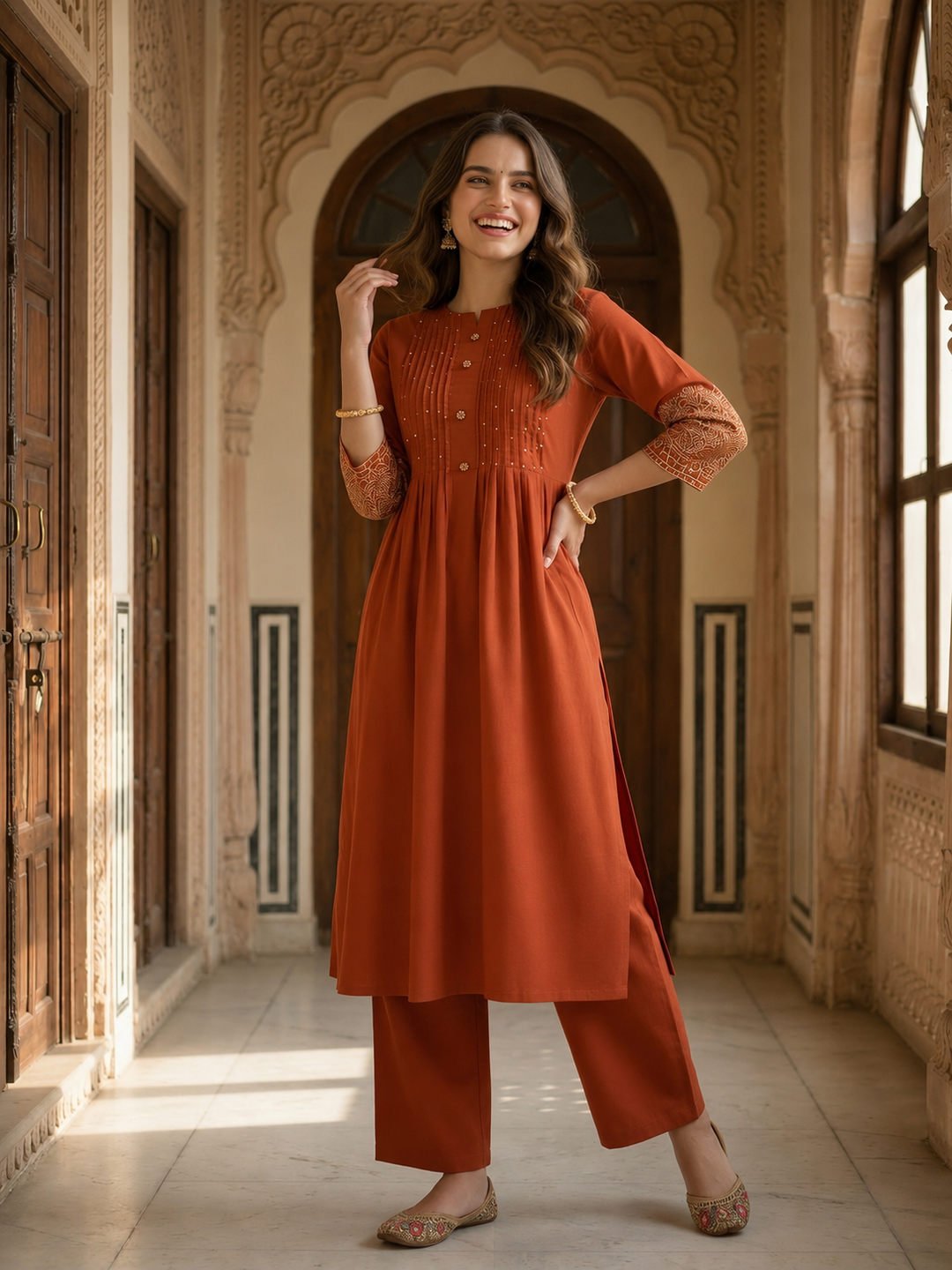 Solid Straight Kurta with Pyjamas and Dupatta- Maroon