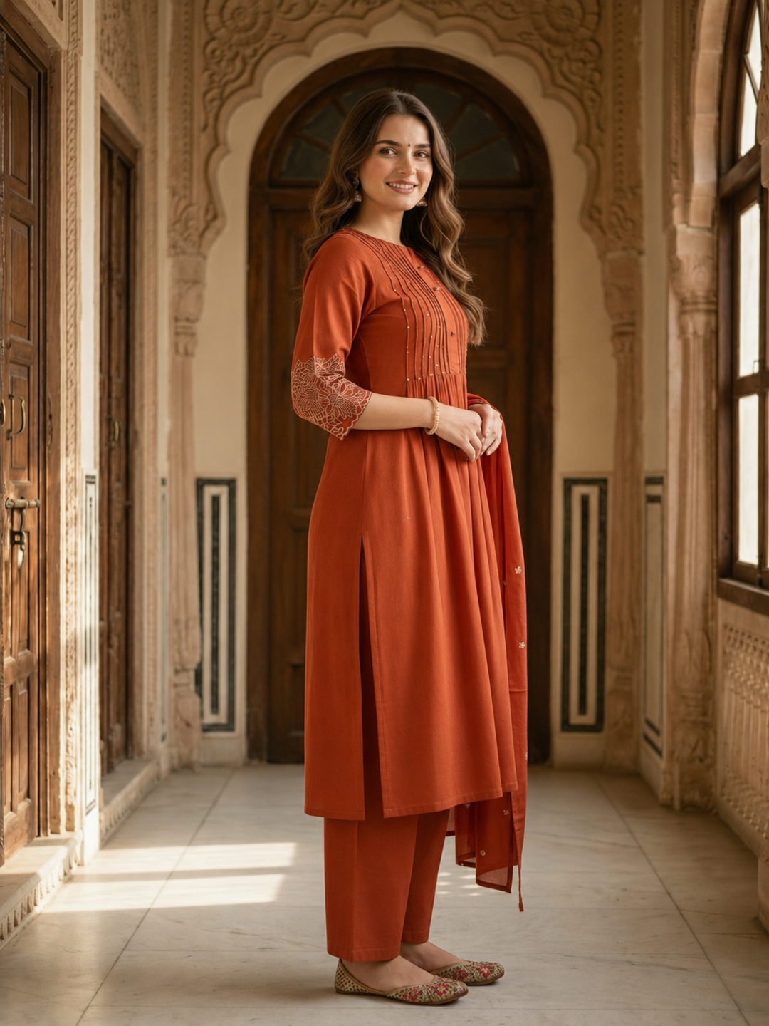 Solid Straight Kurta with Pyjamas and Dupatta- Maroon