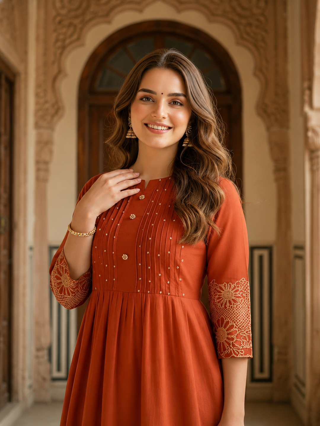Solid Straight Kurta with Pyjamas and Dupatta- Maroon