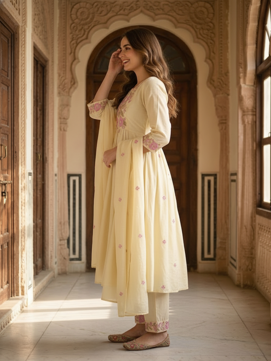 Floral Embroidered A-line Kurta with Pant and Dupatta- Cream