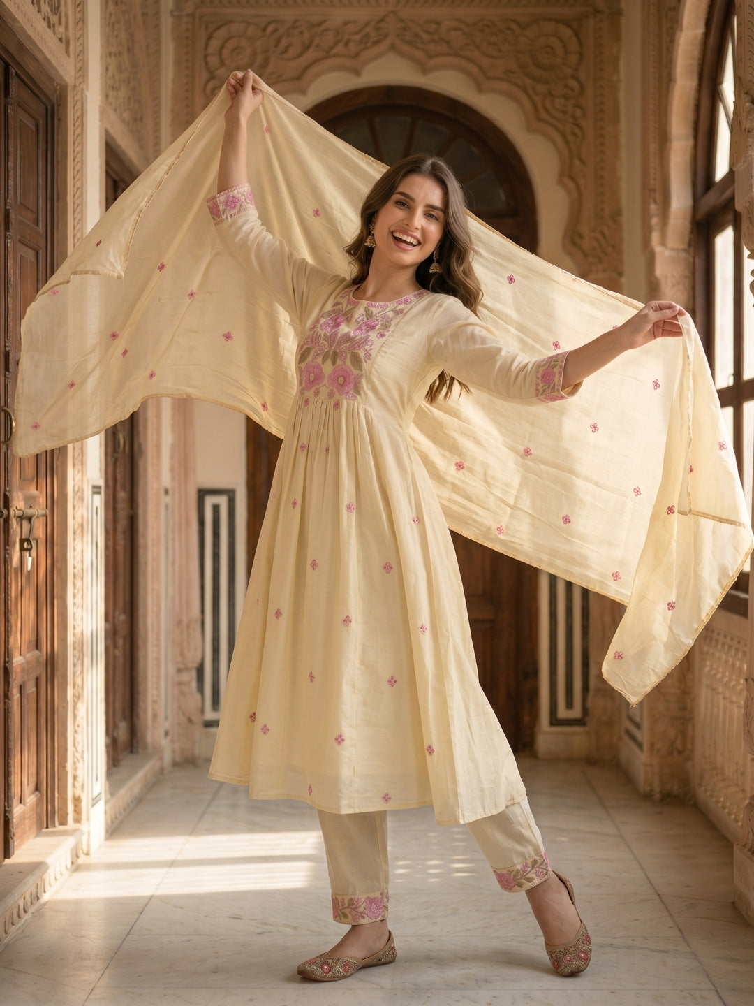 Floral Embroidered A-line Kurta with Pant and Dupatta- Cream