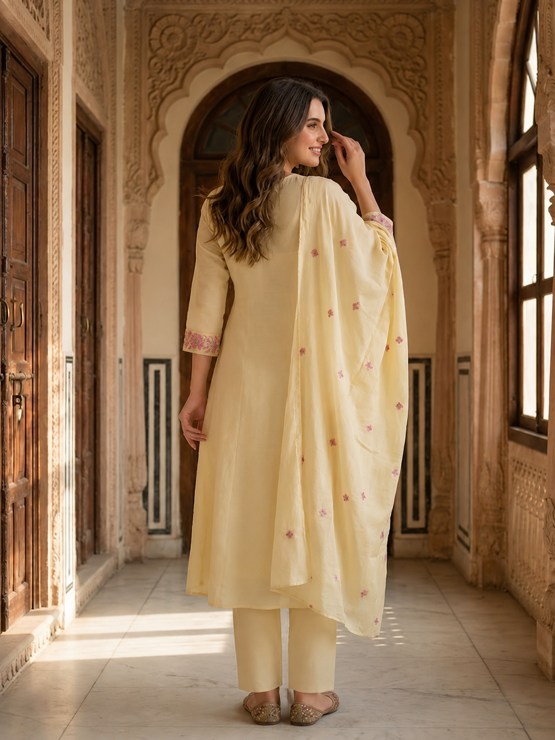 Floral Embroidered A-line Kurta with Pant and Dupatta- Cream