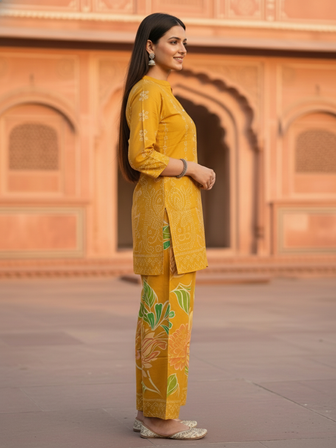 Ethnic Motif Printed Straight Kurta with Wide-Leg Pants - Mustard Yellow