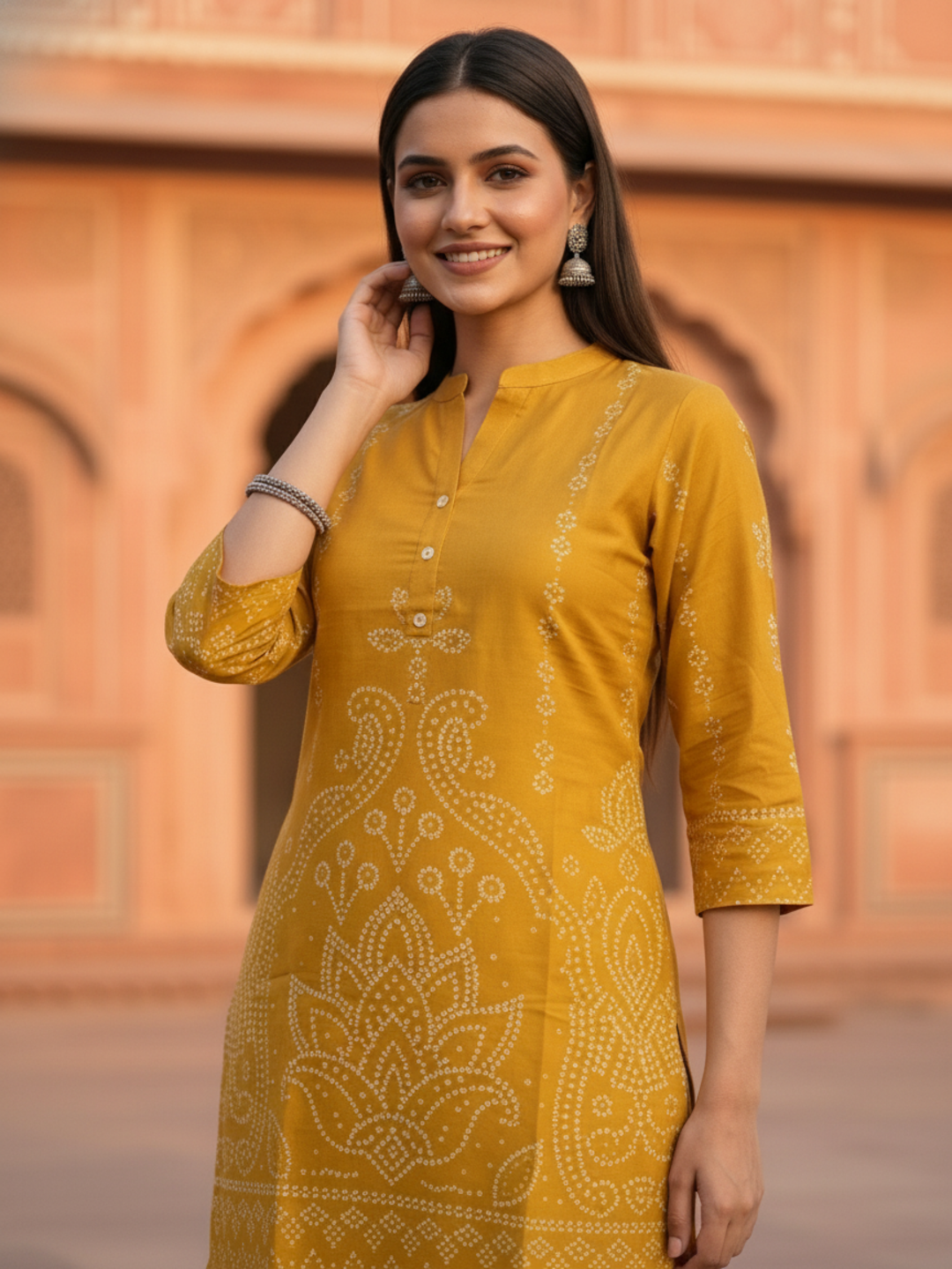 Ethnic Motif Printed Straight Kurta with Wide-Leg Pants - Mustard Yellow