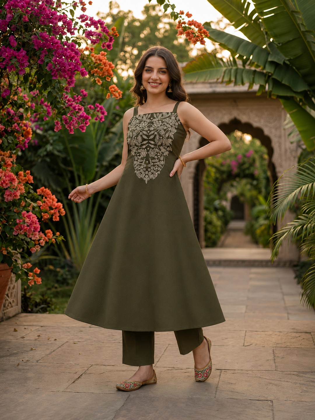 Solid Floral Embroidered A-Line Paneled Kurta with Pant- Olive