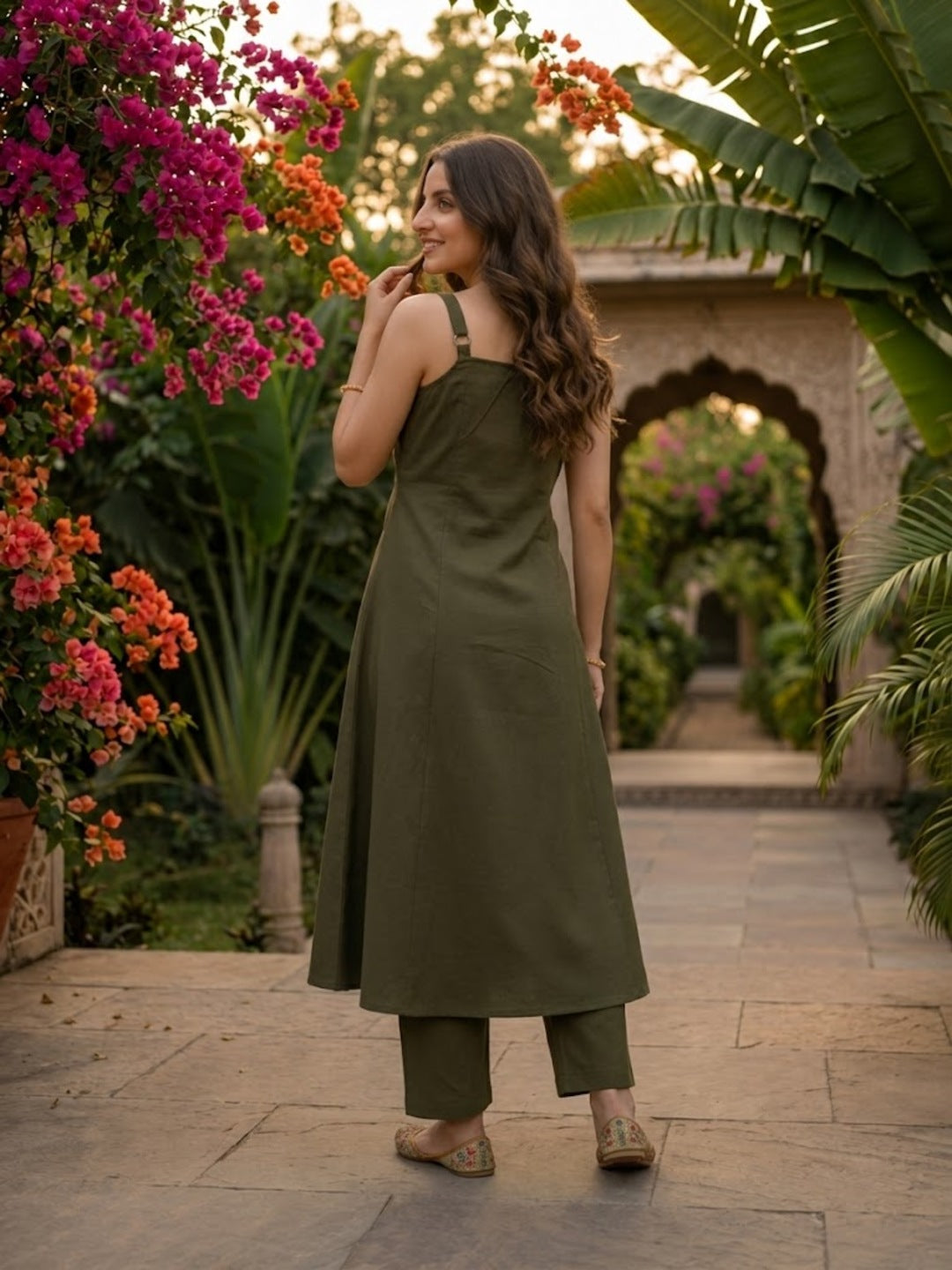 Solid Floral Embroidered A-Line Paneled Kurta with Pant- Olive