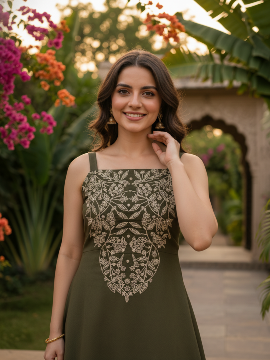 Solid Floral Embroidered A-Line Paneled Kurta with Pant- Olive