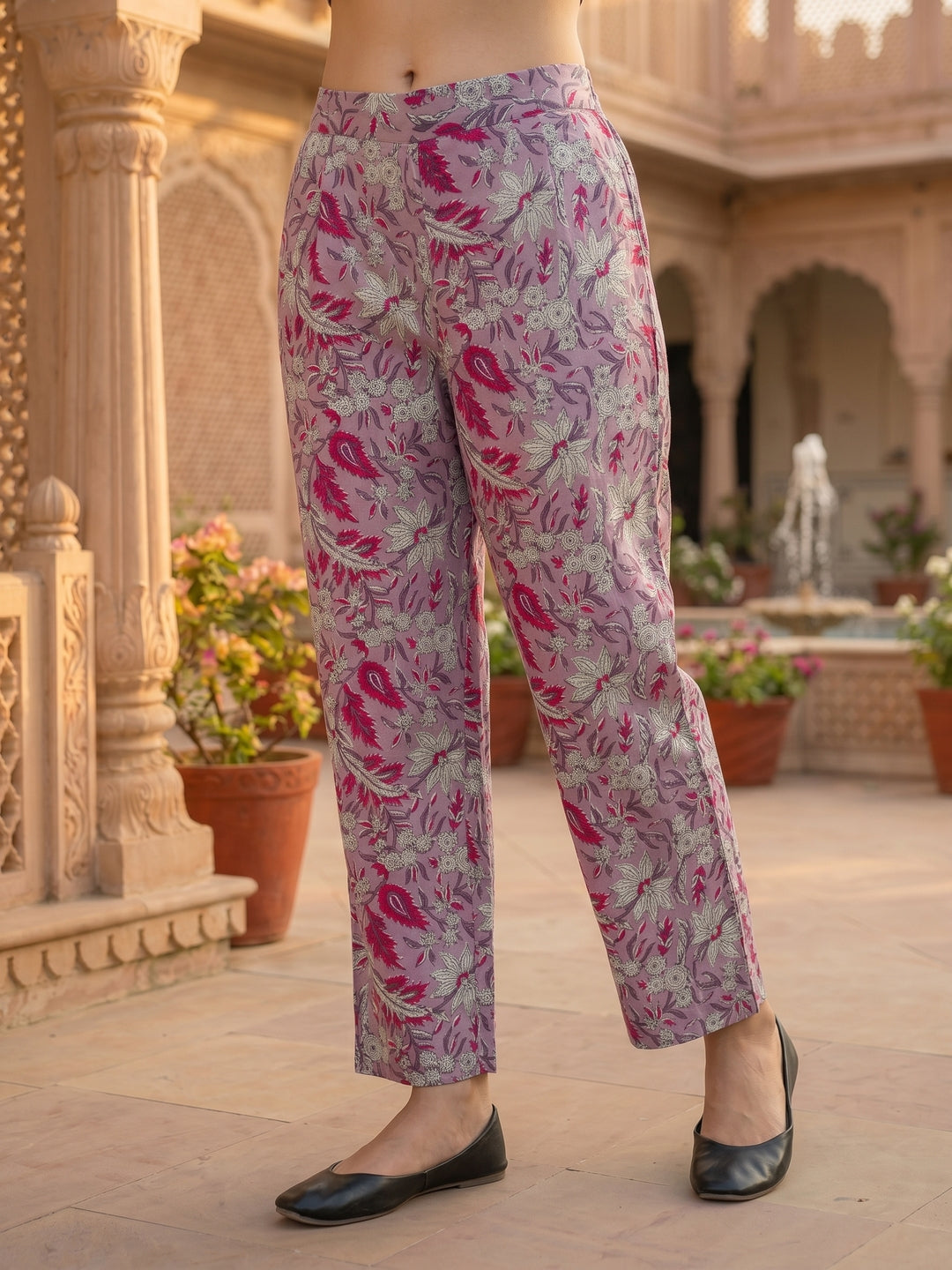 Ethnic Floral Block Printed A-Line Kurta with Palazzo- Lavender