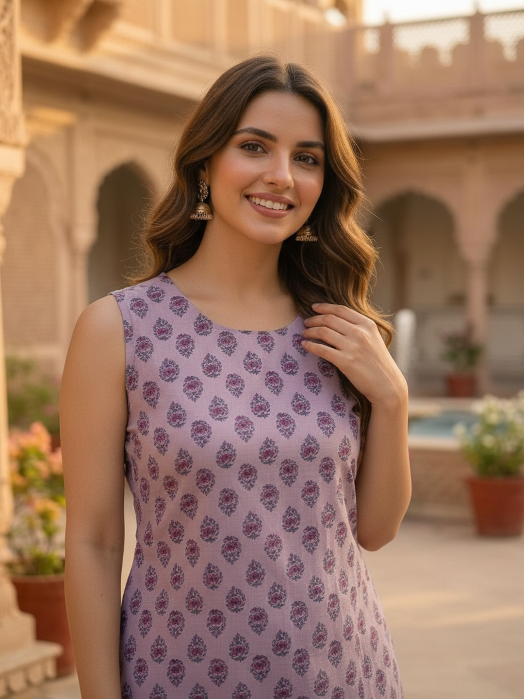 Ethnic Floral Block Printed A-Line Kurta with Palazzo- Lavender