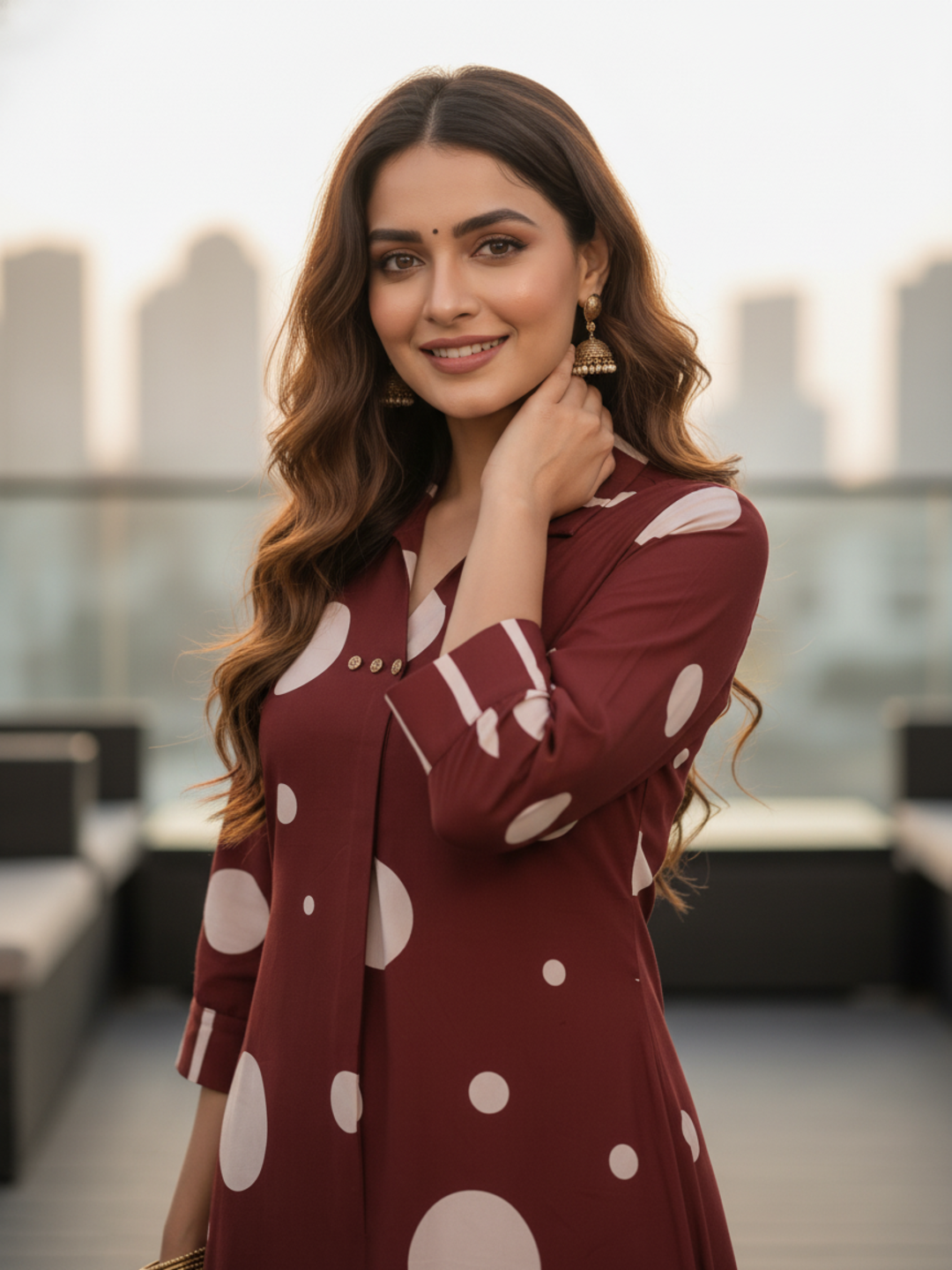 Polka Dot Printed A-Line Kurta with Palazzo- Maroon