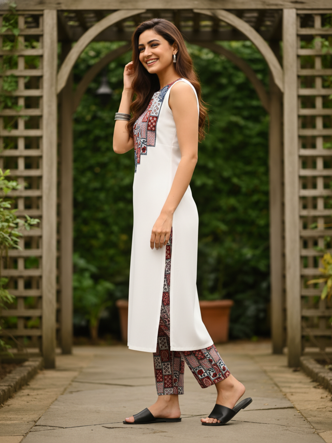 Solid Checks Printed A-Line Kurta with Pant- Off White