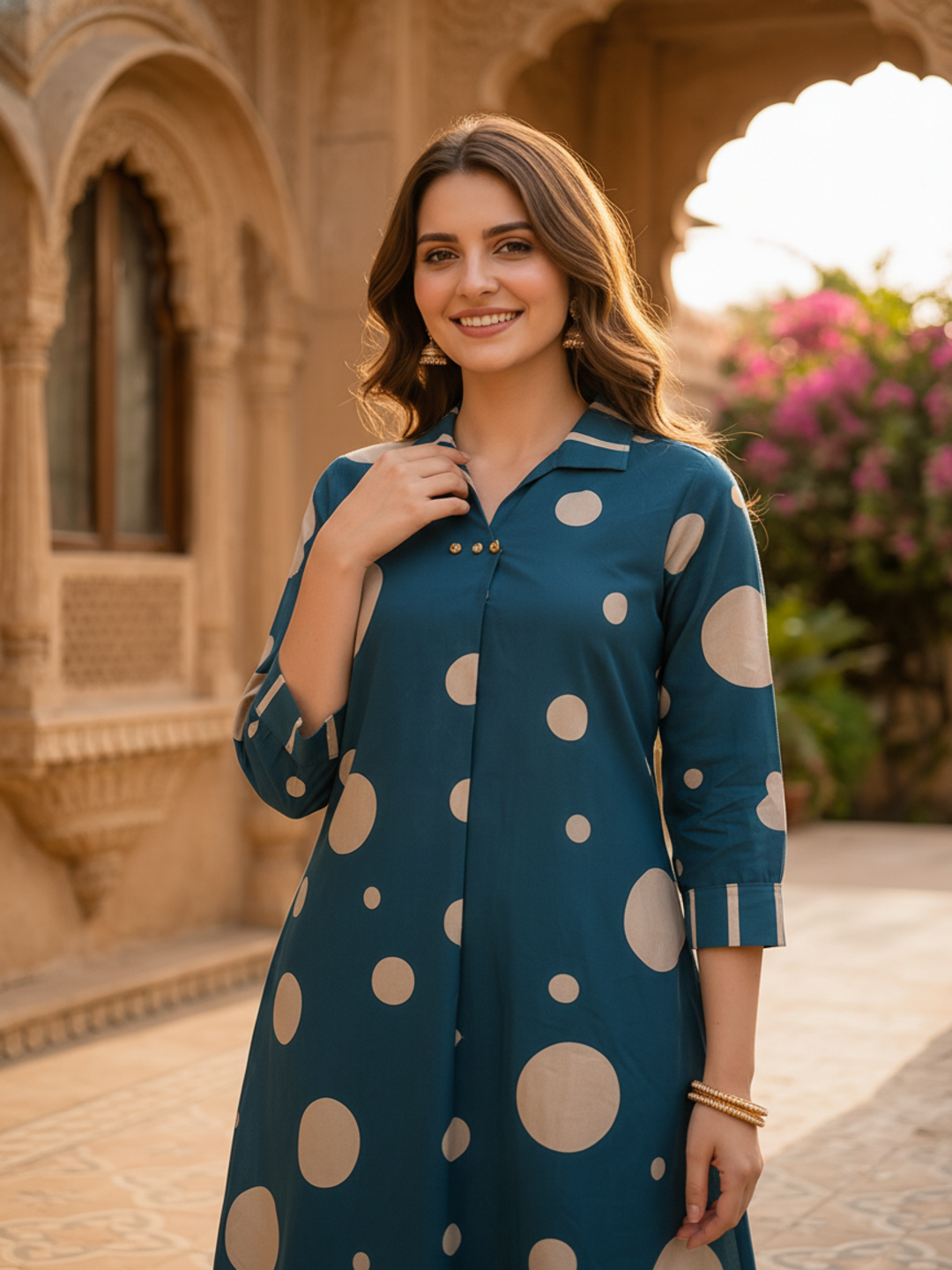 Teal Polka Dot Printed A-Line Kurta with Striped Palazzo