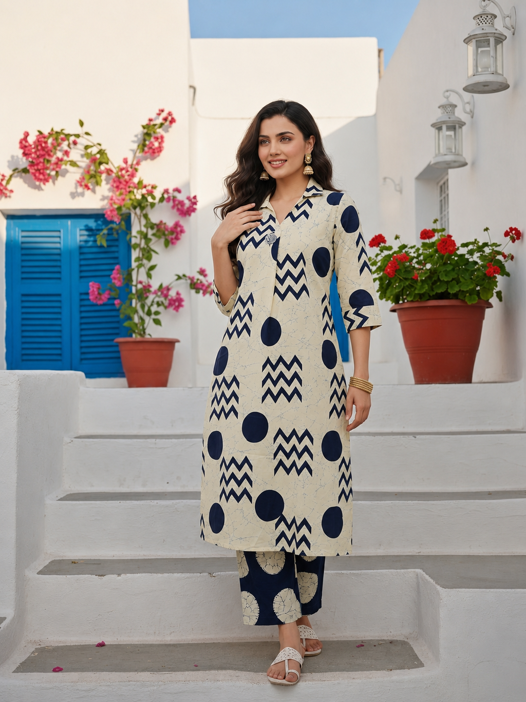 Ivory & Navy Blue Geometric Printed Kurta Set with Straight Pant