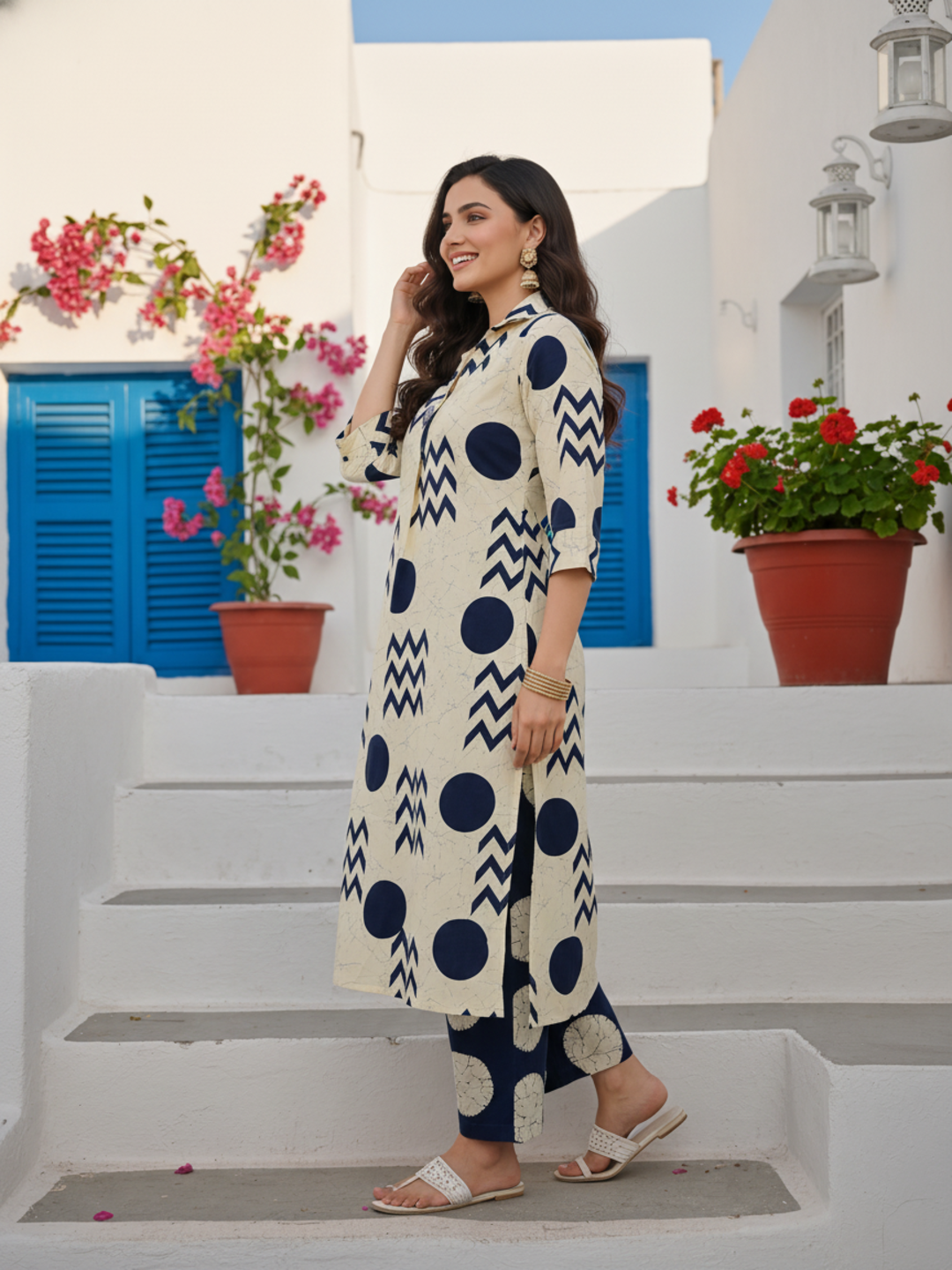 Ivory & Navy Blue Geometric Printed Kurta Set with Straight Pant