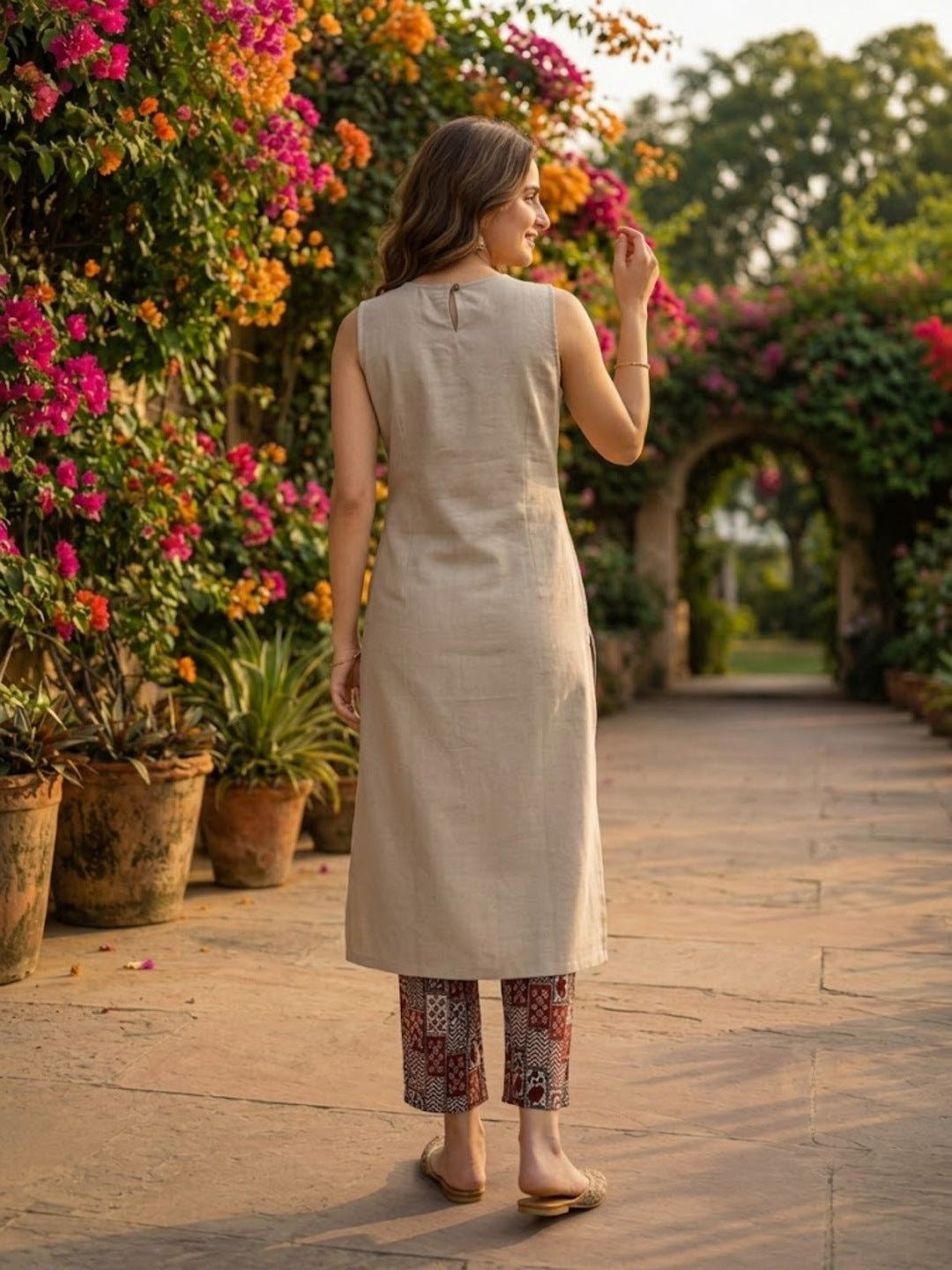 Solid Checks Printed A-Line Kurta with Pant- Taupe