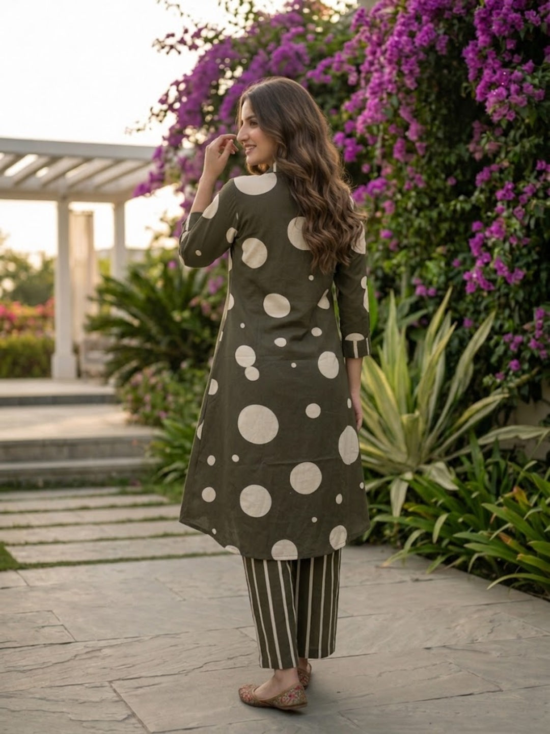 Olive Green Polka Dot Printed A-Line Kurta Set with Striped Pant