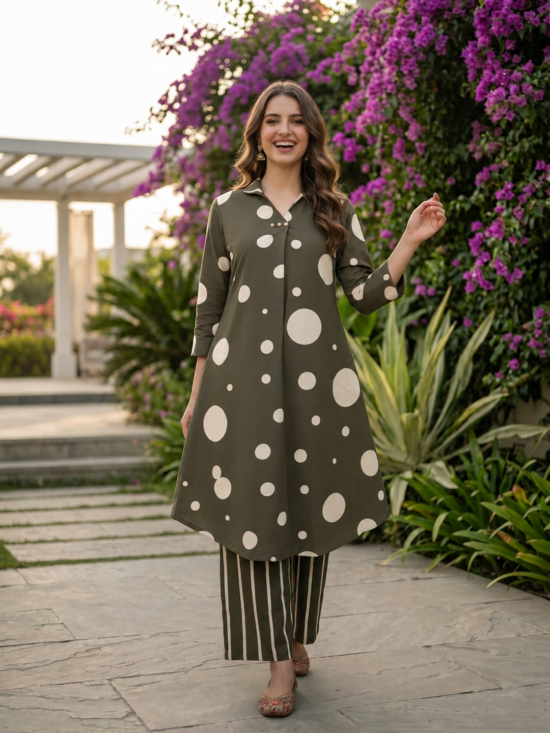 Olive Green Polka Dot Printed A-Line Kurta Set with Striped Pant