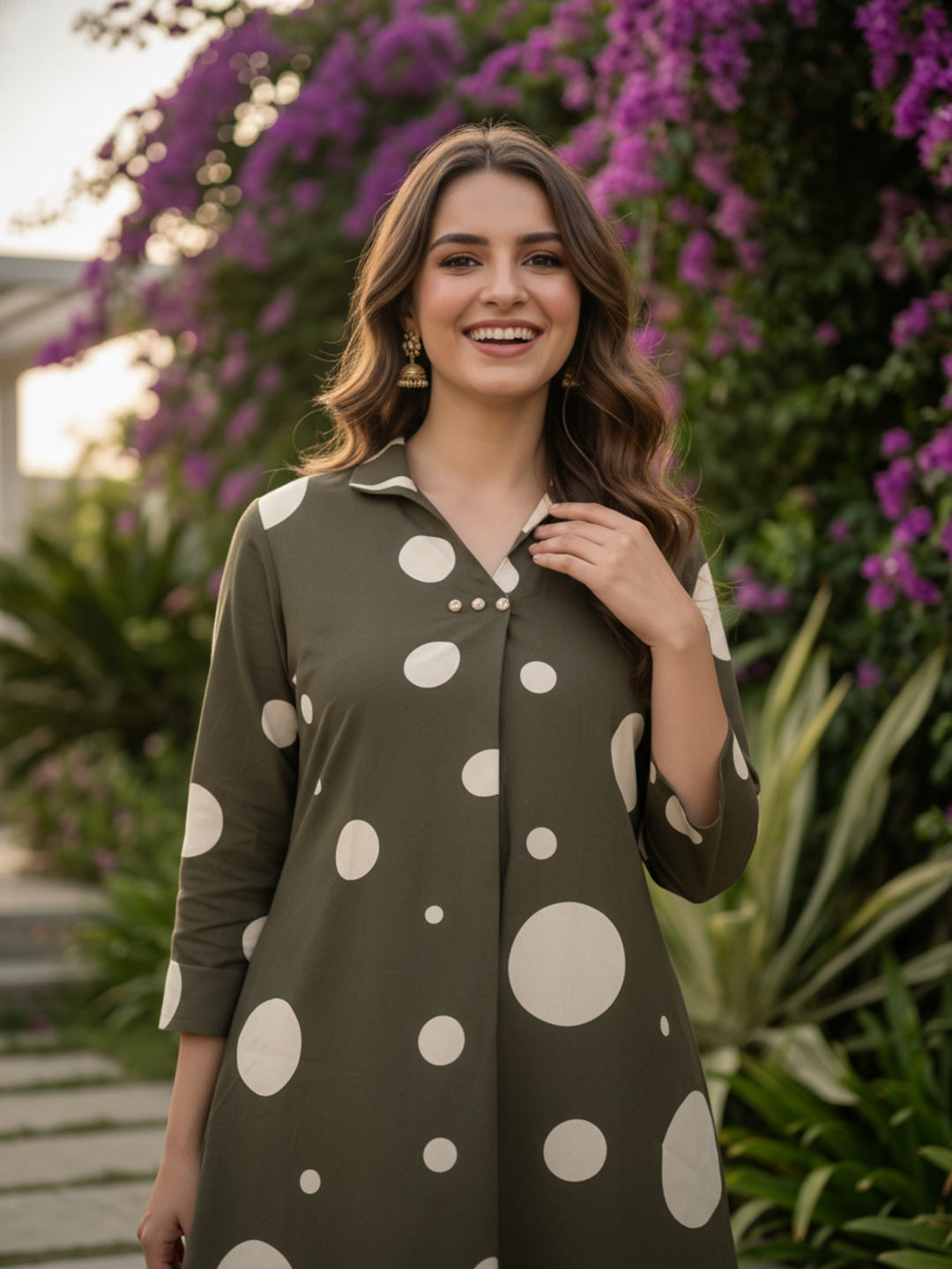 Olive Green Polka Dot Printed A-Line Kurta Set with Striped Pant
