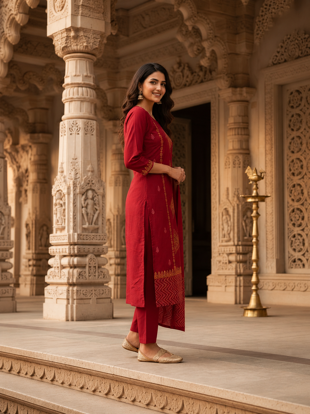 Ethnic Printed Embroidered A-Line Kurta with Palazzo & Dupatta- Red
