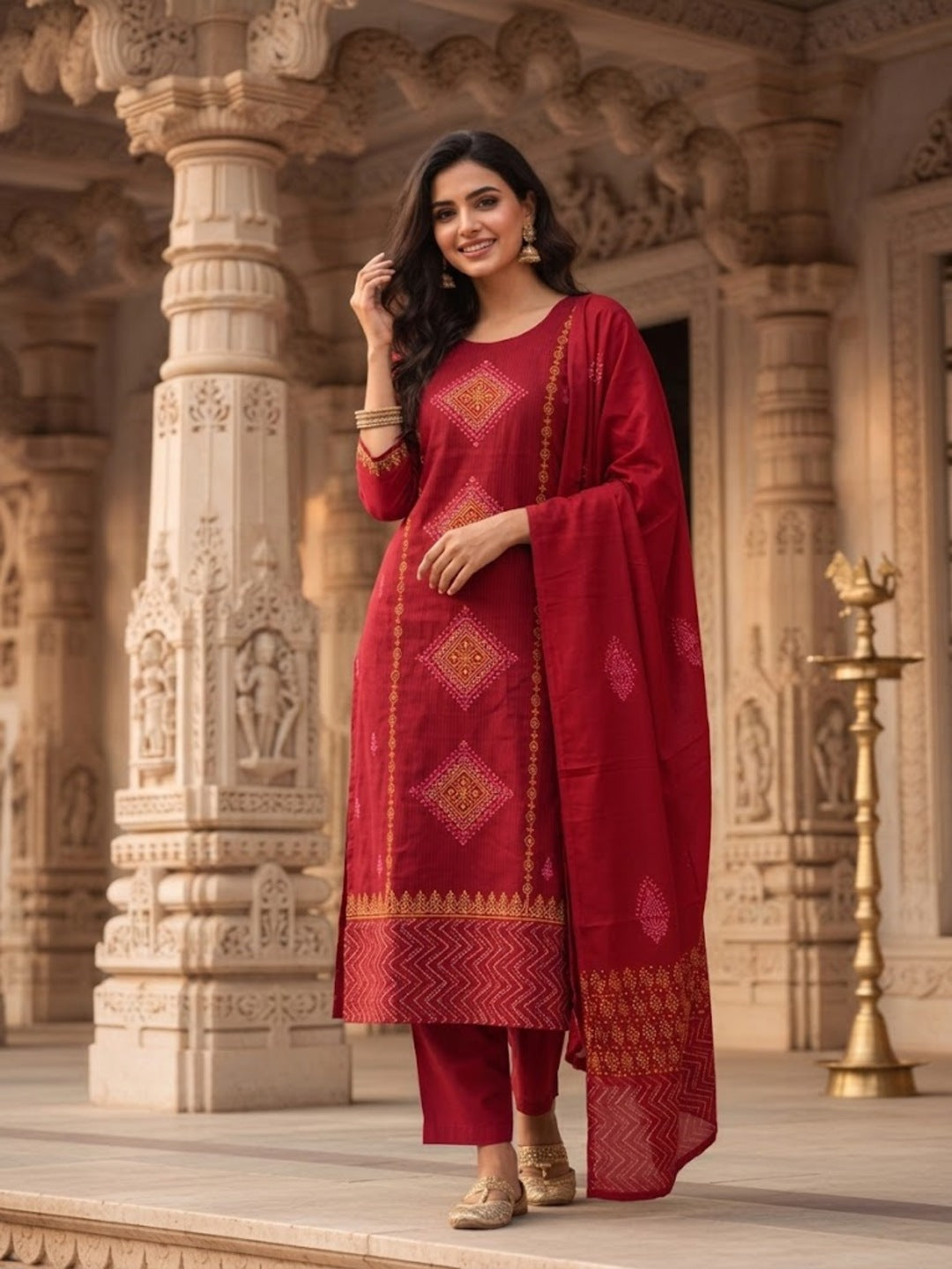 Ethnic Printed Embroidered A-Line Kurta with Palazzo & Dupatta- Red