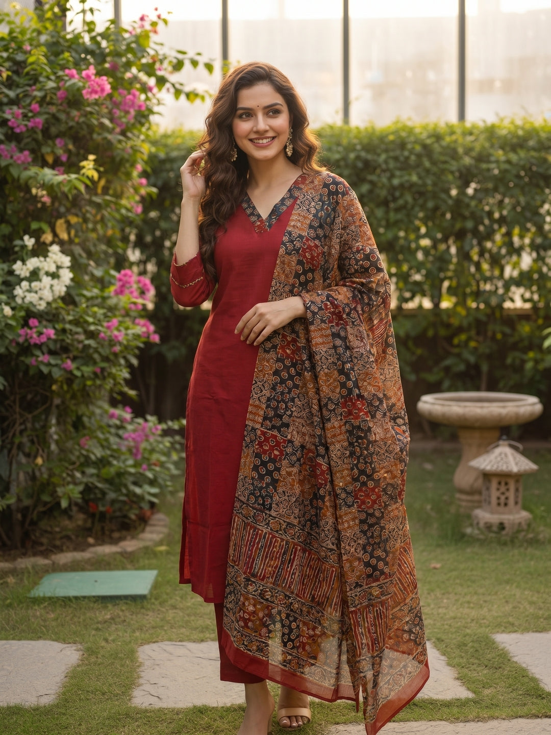 Solid Patchwork Embroidered Kurta with Pant & Printed Dupatta- Maroon