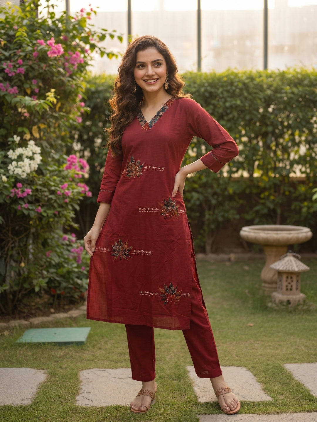 Solid Patchwork Embroidered Kurta with Pant & Printed Dupatta- Maroon