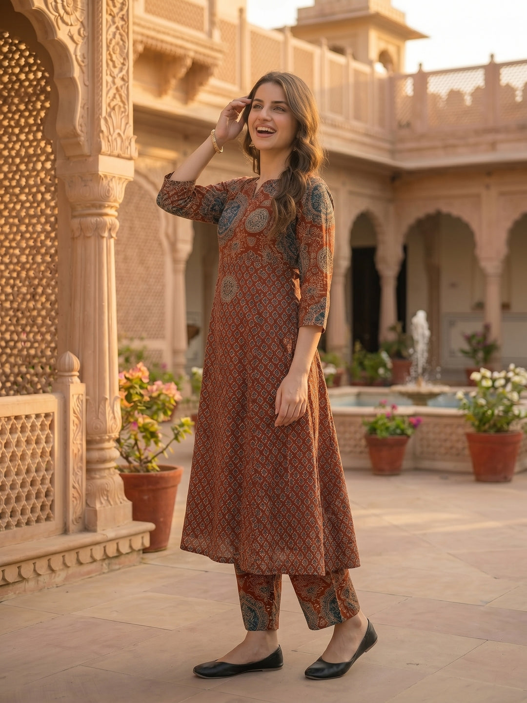 Ethnic Printed Embroidered Anarkali Kurta with Palazzo & Dupatta- Maroon