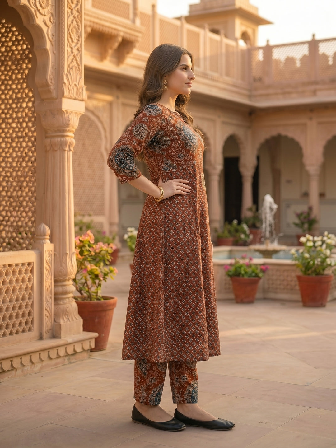 Ethnic Printed Embroidered Anarkali Kurta with Palazzo & Dupatta- Maroon