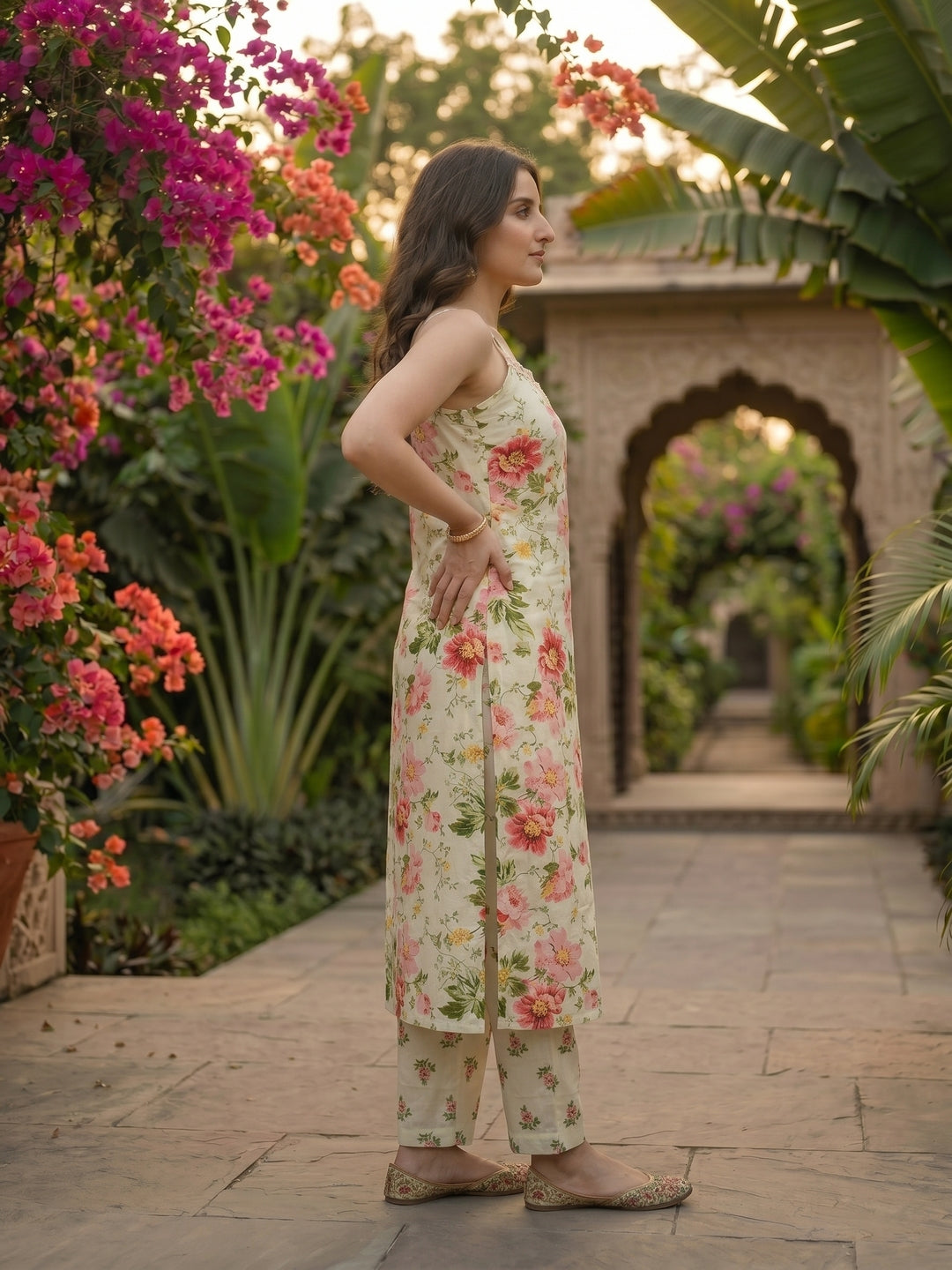 Ivory Floral Printed Sleeveless Kurta Set with Straight Pant & Dupatta