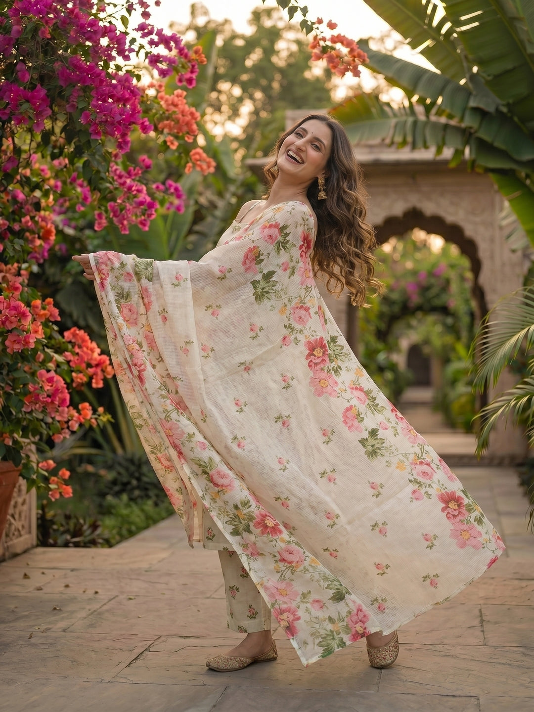 Ivory Floral Printed Sleeveless Kurta Set with Straight Pant & Dupatta
