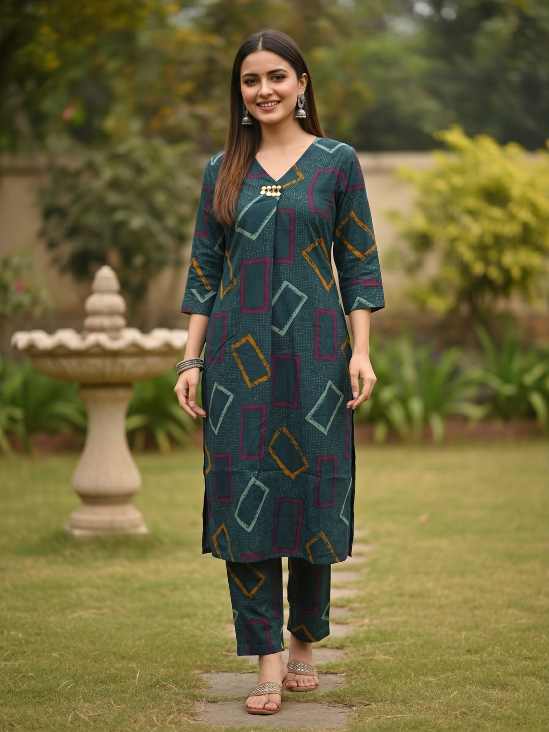Teal Green Geometric Abstract Printed A-Line Kurta Co-ord Set