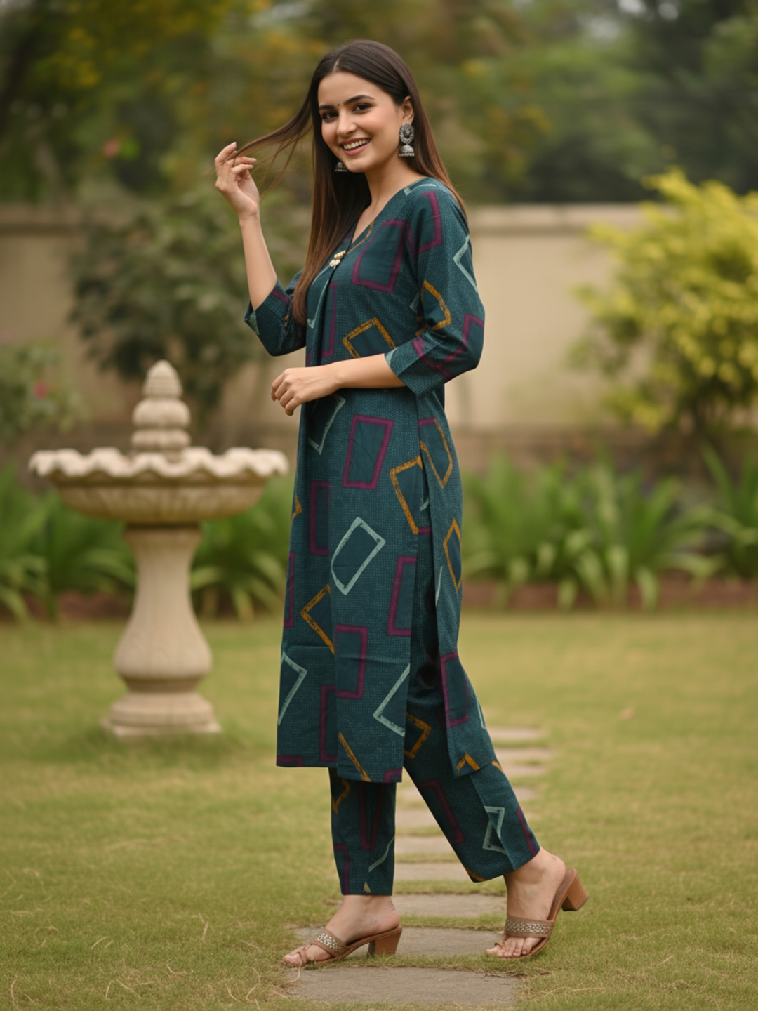 Teal Green Geometric Abstract Printed A-Line Kurta Co-ord Set