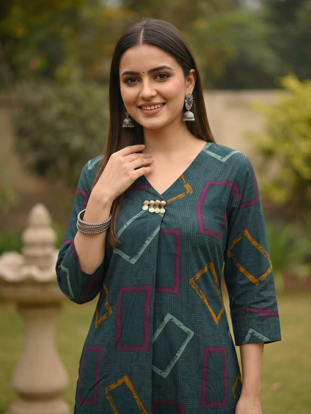 Teal Green Geometric Abstract Printed A-Line Kurta Co-ord Set