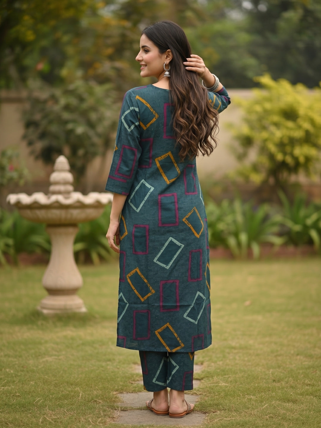 Teal Green Geometric Abstract Printed A-Line Kurta Co-ord Set