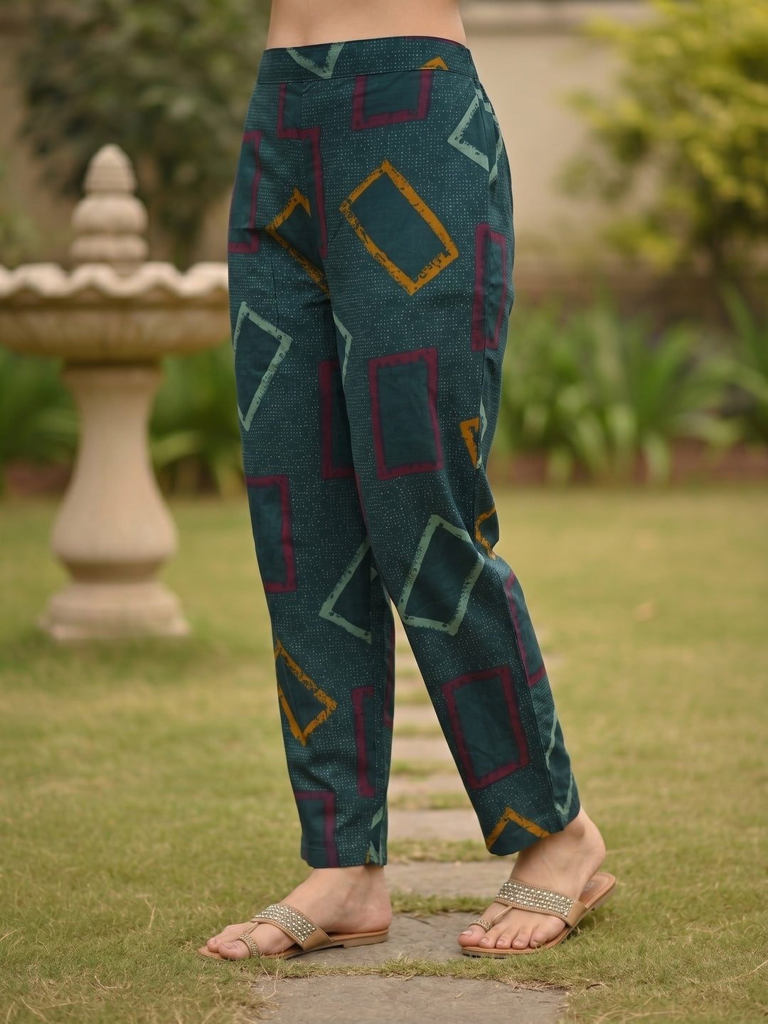 Teal Green Geometric Abstract Printed A-Line Kurta Co-ord Set