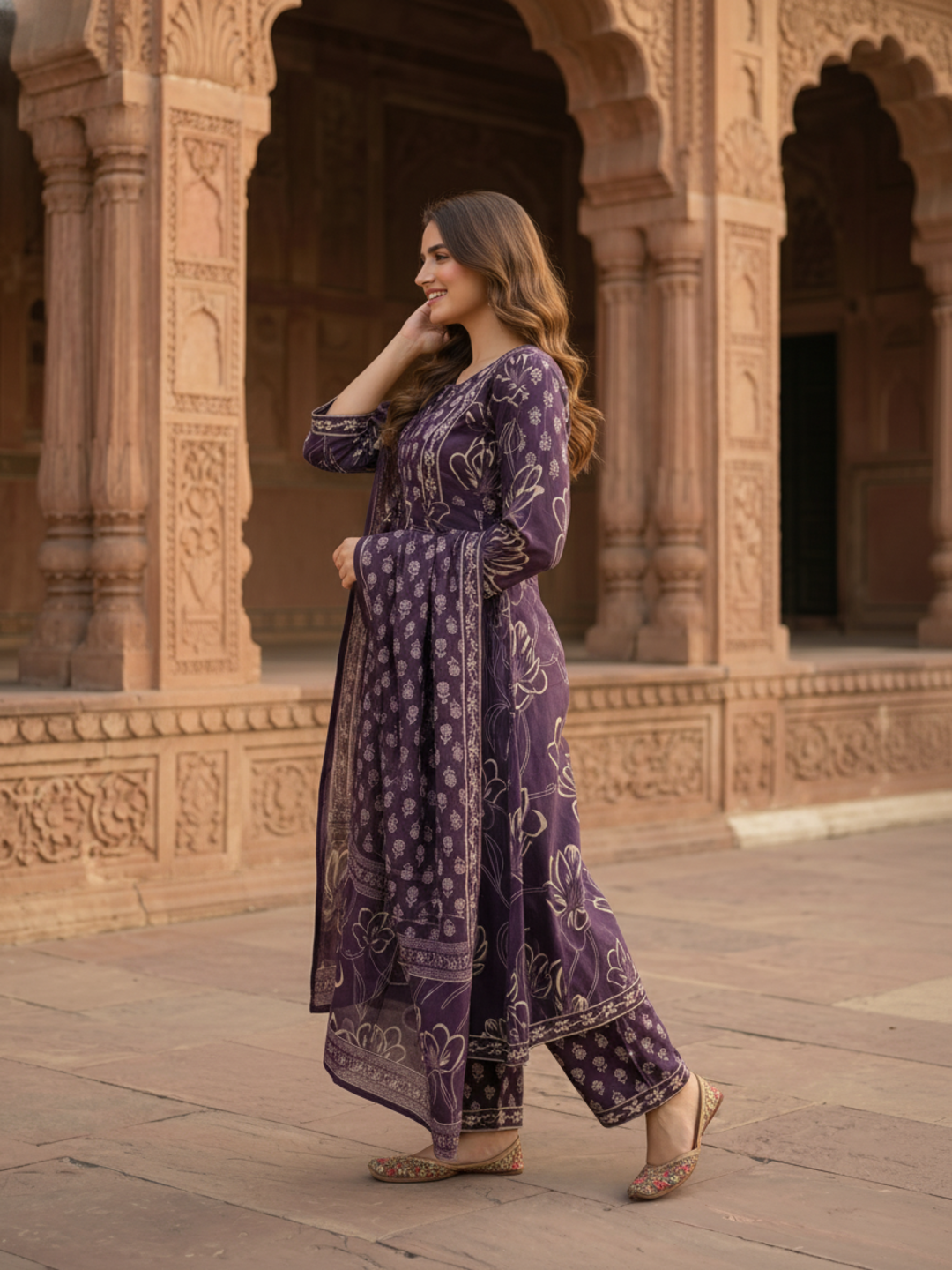 Dark Purple Ethnic Embroidered Anarkali Kurta with Palazzo & Printed Dupatta