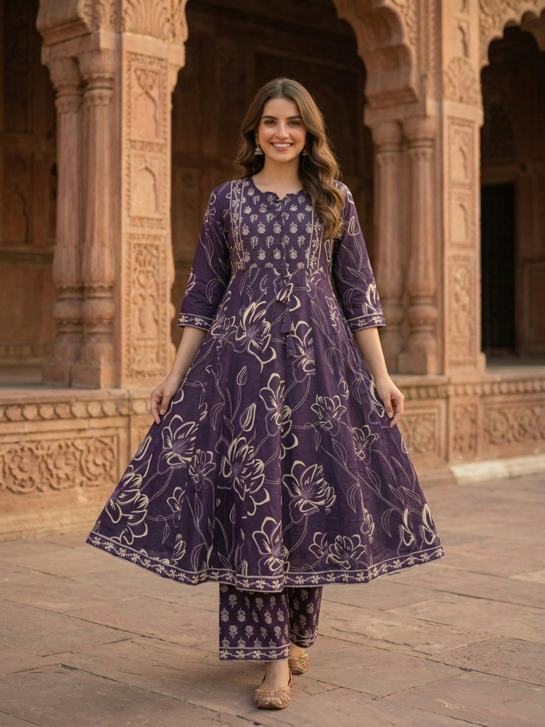 Dark Purple Ethnic Embroidered Anarkali Kurta with Palazzo & Printed Dupatta