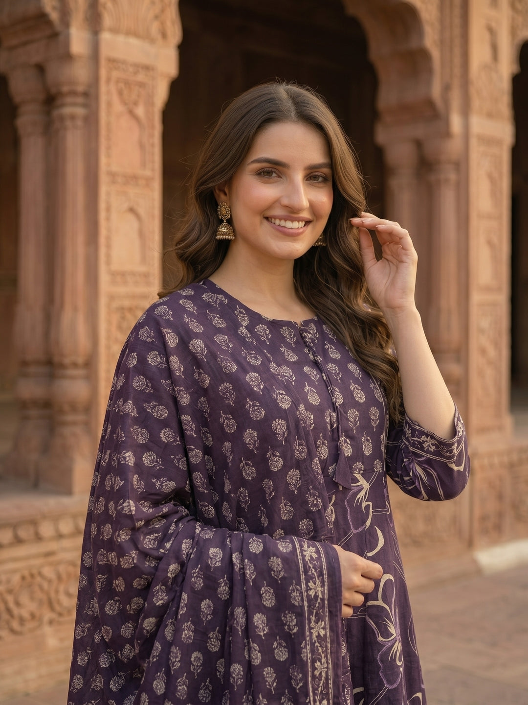 Dark Purple Ethnic Embroidered Anarkali Kurta with Palazzo & Printed Dupatta