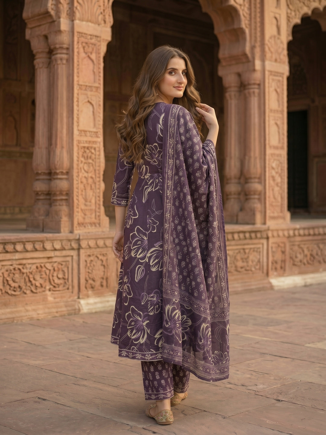Dark Purple Ethnic Embroidered Anarkali Kurta with Palazzo & Printed Dupatta