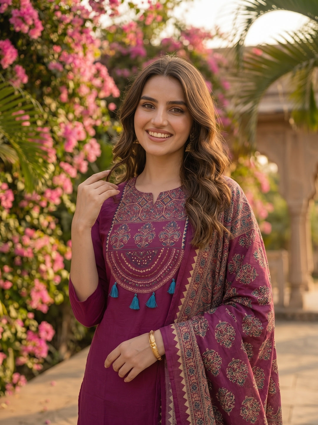 Magenta Ethnic Embroidered Solid Straight Kurta with Pant & Printed Dupatta