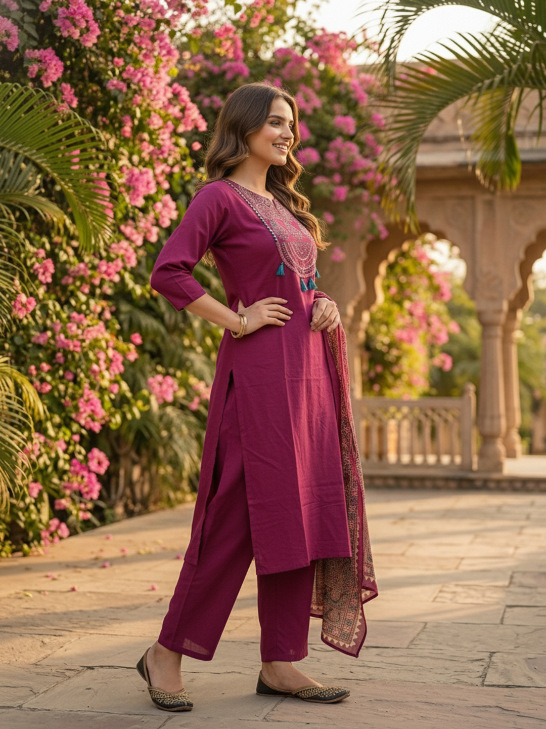Magenta Ethnic Embroidered Solid Straight Kurta with Pant & Printed Dupatta