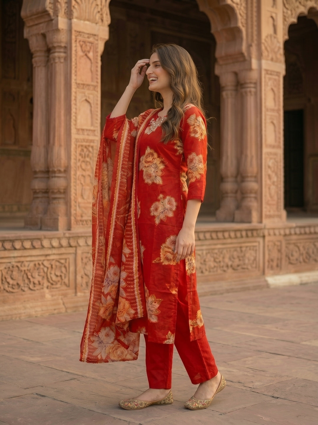 Red Floral Printed Mirror Embroidered Straight Kurta with Pant & Dupatta